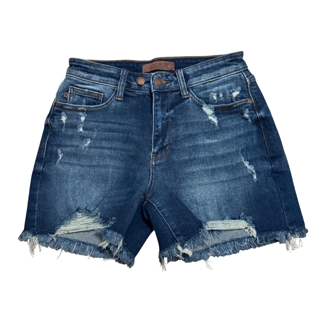 Judy Blue Distressed Raw Hem Denim Shorts Dark Wash Womens Size M MD Medium